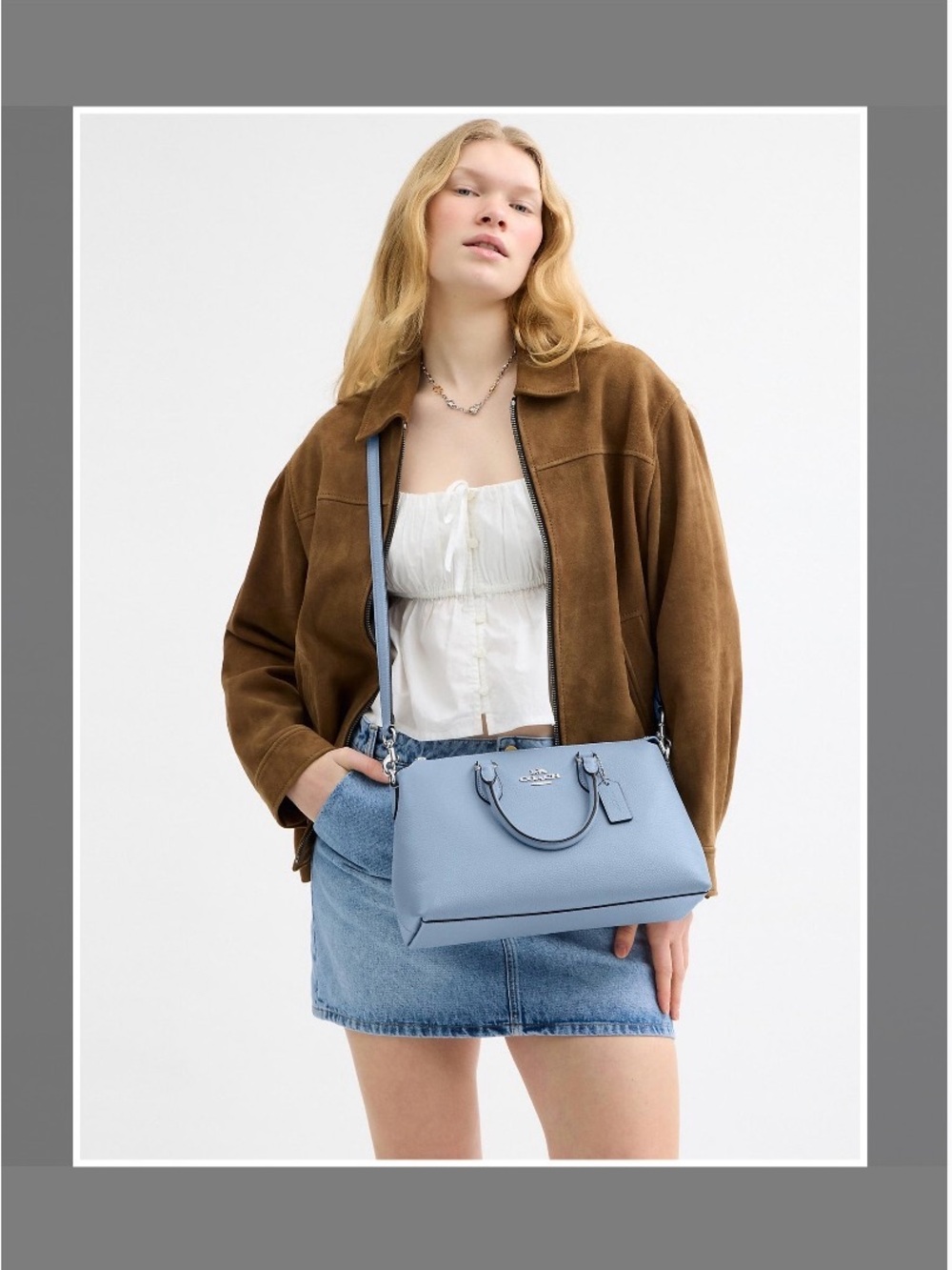Coach Light Blue Pebbled Leather Satchel with Silver Hardware